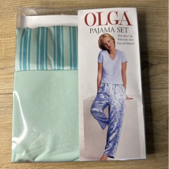 Olga Pajama Set Womens Medium Green Solid Short Sleeve Shirt Striped Satin Pants - Picture 1 of 6